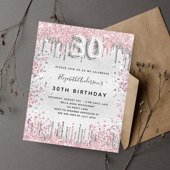 Budget 30th birthday silver pink invitation (Creator Uploaded)