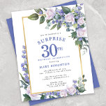 Budget 30th Birthday Surprise Party Invitation<br><div class="desc">Honour a special woman with this elegant and feminine Budget 30th Birthday Surprise Party invitation. Surprise and 30th are written in large blue text. Birthday Celebration follows. The honoured guest's name is also in blue capital letters. The birthday celebration details are surrounded by a chic gold frame. The blue flowers...</div>