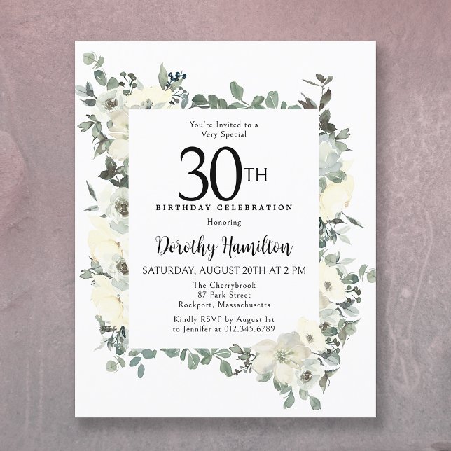 Budget 30th Birthday White Floral Invitation (Creator Uploaded)