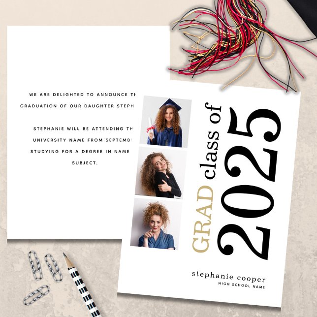 Budget 3 photo 2025 White Graduation Announcement (front and back view)