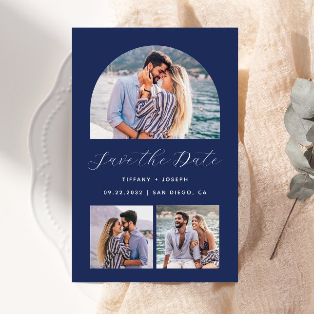 Budget 3-Photo Boho Arch Navy Blue Save the Date (Creator Uploaded)