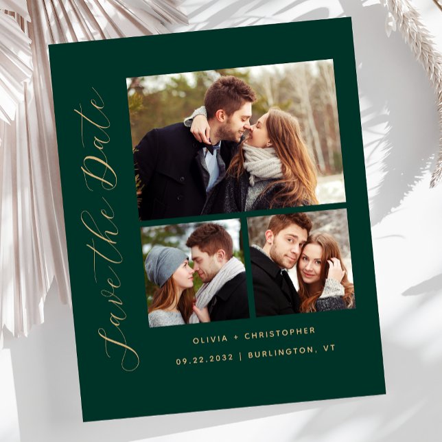 Budget 3-Photo Collage Emerald Green Save the Date (Creator Uploaded)