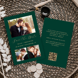 Budget 3-Photo Collage Green QR Code Save the Date