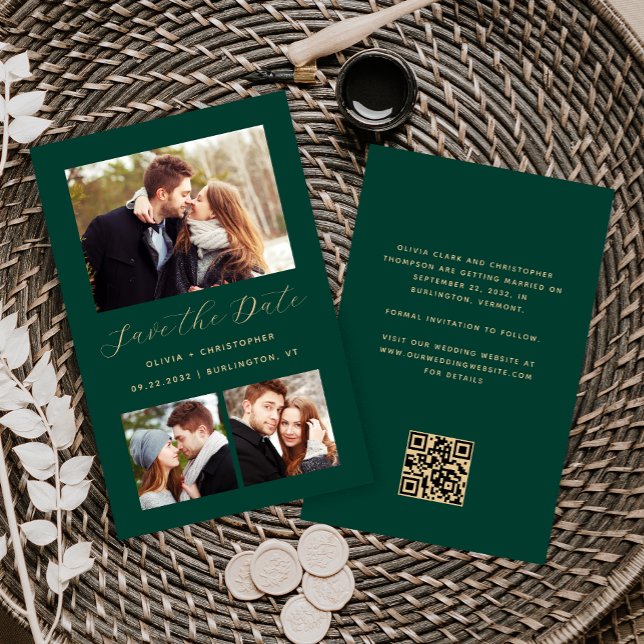 Budget 3-Photo Collage Green QR Code Save the Date (Creator Uploaded)