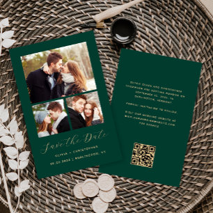 Budget 3-Photo Collage Green QR Code Save the Date