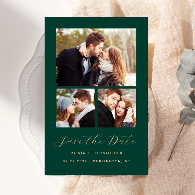 Budget 3-Photo Collage Green Save the Date (Creator Uploaded)