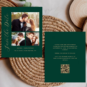 Budget 3-Photo Emerald Green QR Code Save the Date