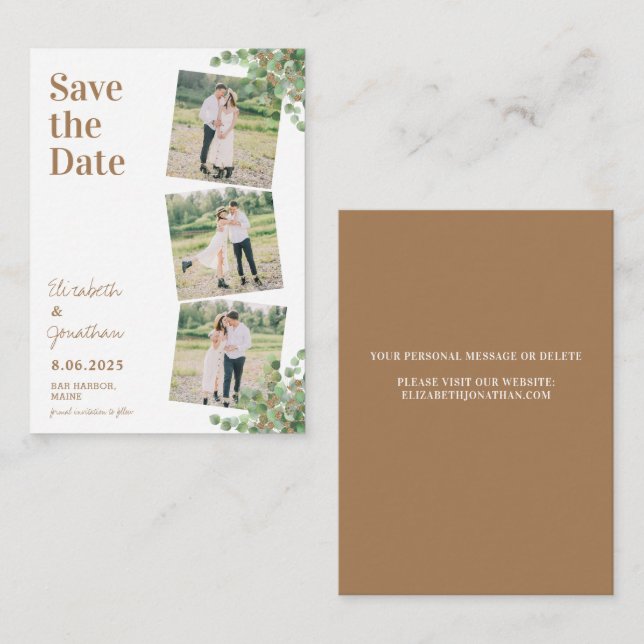 Budget 3 Photo Eucalyptus Wedding Save The Date Card (Front/Back)