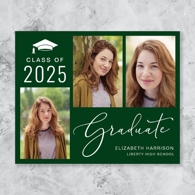 Budget 3 Photo Green Graduation Announcement (An elegant photo collage graduation announcement to celebrate the graduate's achievements)