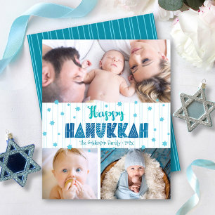 Budget 3 Photo Happy Hanukkah Turquoise Stars Card
