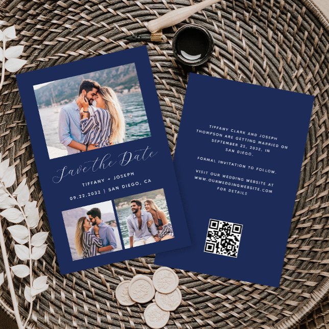 Budget 3-Photo Navy Blue QR Code Save the Date (Creator Uploaded)