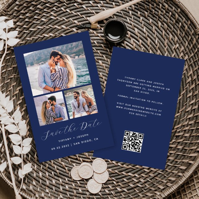 Budget 3-Photo QR Code Navy Blue Save the Date (Creator Uploaded)