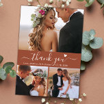 Budget 3 Photo Terracotta Script Wedding Thank You Postcard<br><div class="desc">Budget Boho Stylish Elegant Hand Lettered Script 3 Photo Collage Terracotta Wedding Thank You postcard. Minimalist wedding thank you card template featuring 3 photo on the front and one photo on the back. With the text „Thank You” in a swirly hand lettered typography script font with swash tail and little...</div>