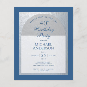 Budget 40 Birthday Classic Blue  Silver Invitation