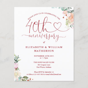 Budget 40th Anniversary Heart Floral Invitation