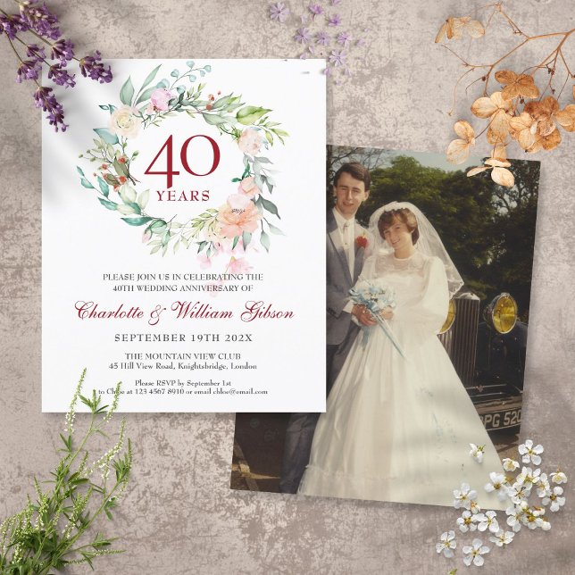 Budget 40th Anniversary Ruby Floral Photo Invite (Creator Uploaded)