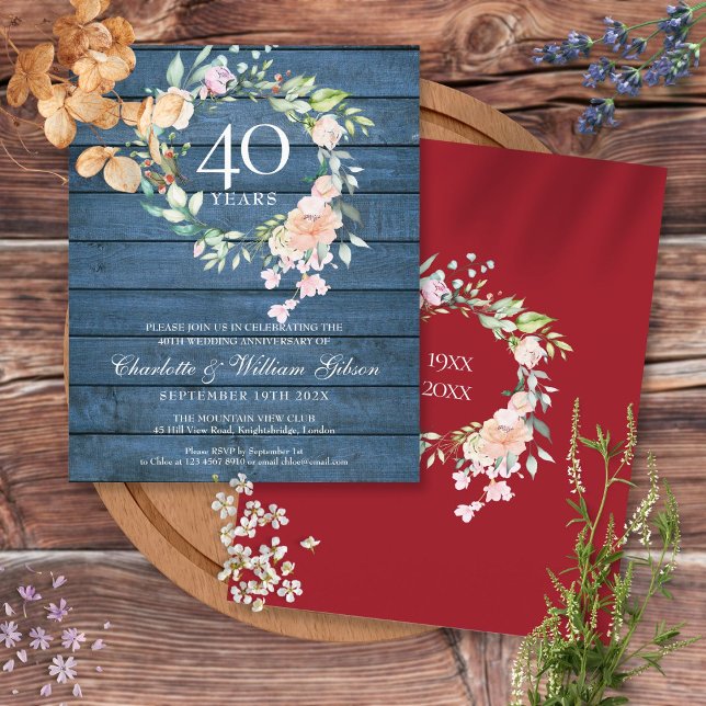 Budget 40th Anniversary Rustic Ruby Floral Invite (Creator Uploaded)