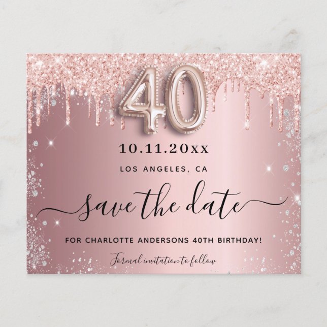 Budget 40th birthday blush silver save the date (Front)