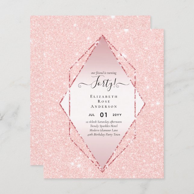 Budget 40th Birthday Glitter Foil Pink Girly (Front/Back)