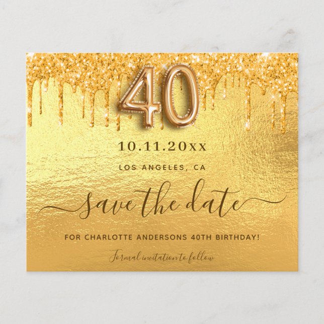 Budget 40th birthday gold glitter save the date (Front)