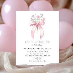 BUDGET 40th Birthday Pink Bow Wildflower Invite