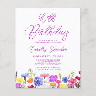 BUDGET 40th Birthday Purple Wildflower Invitation