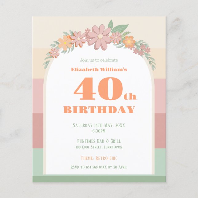 Budget 40th birthday retro pink stripes Invitation Flyer (Front)