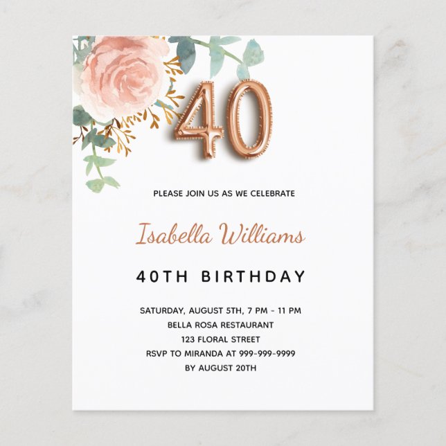 Budget 40th birthday rose gold eucalyptus floral (Front)