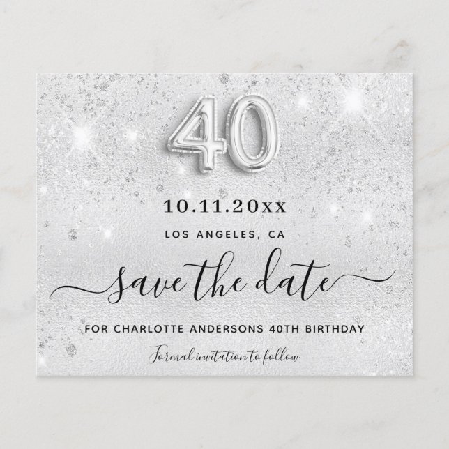 Budget 40th birthday silver glitter save the date (Front)