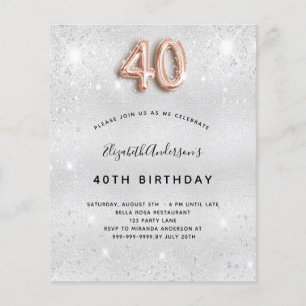 Budget 40th birthday silver rose gold invitation