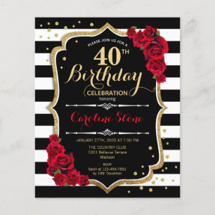 Budget 40th Birthday - Stripes Roses Invitation Flyer