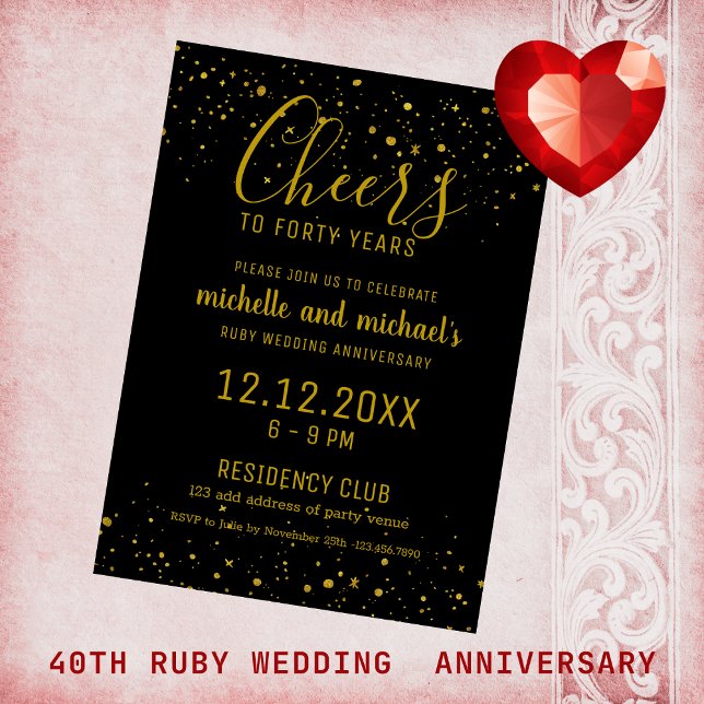 Budget 40th Ruby Wedding Anniversary Black Gold   ( Ruby Wedding Anniversary - black and gold cheers to 40 years invitation to  celebrate the occasion.)