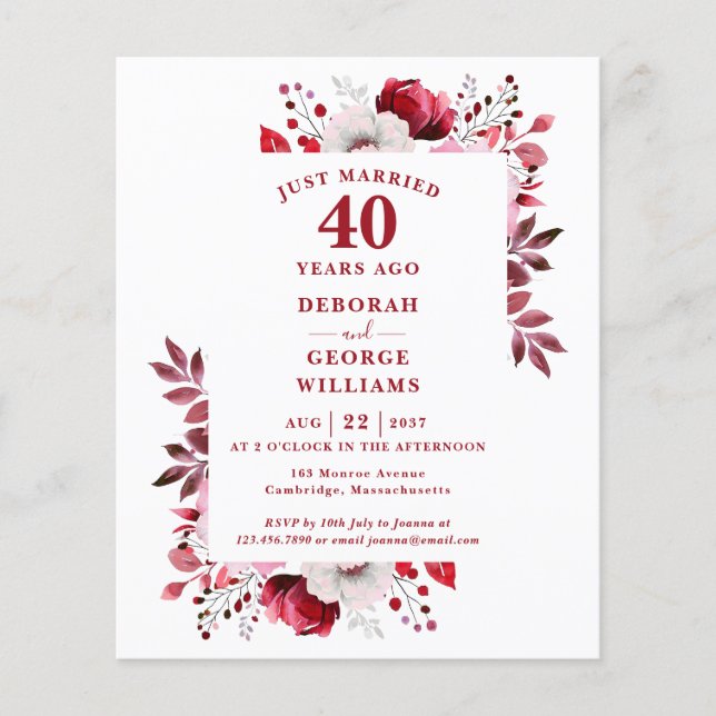 Budget 40th Wedding Anniversary Floral Invitation (Front)