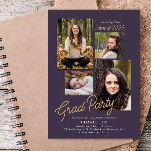 Budget 4 Photo Collage Purple Graduation Party Invitation
