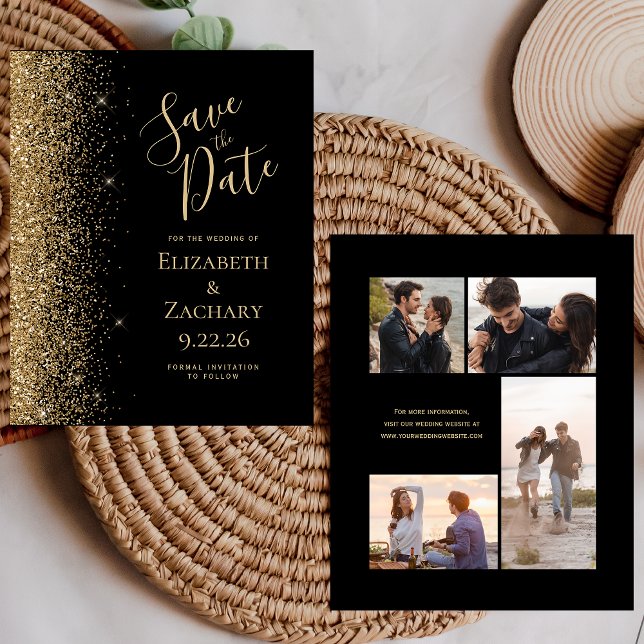 Budget 4 Photo Gold Glitter Black Save the Date (Creator Uploaded)