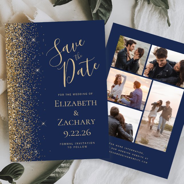 Budget 4 Photo Gold Glitter Navy Save the Date (Creator Uploaded)