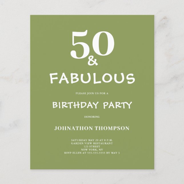 Budget 50 and Fabulous Green Birthday Invitation (Front)