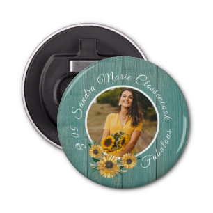 Budget 50 and Fabulous Sunflower Teal Birthday Bottle Opener