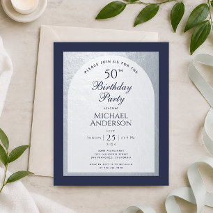 Budget 50 Birthday Man Silver Navy Blue Invitation