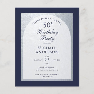 Budget 50 Birthday Man Silver Navy Blue Invitation