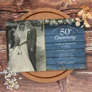 Budget 50th Anniversary Blue Rustic Photo Invite