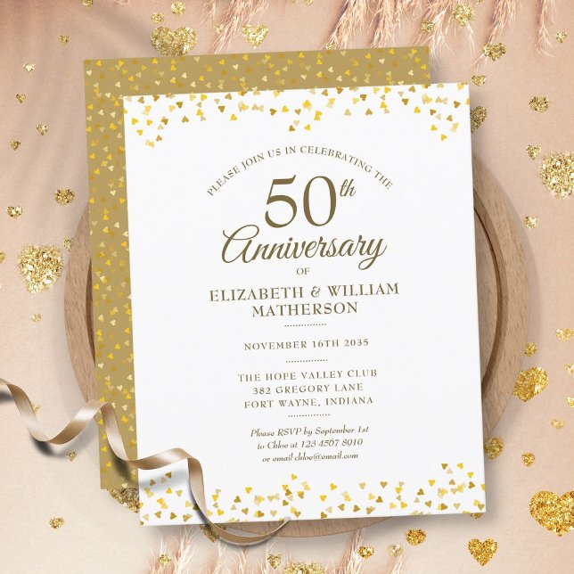 Budget 50th Anniversary Gold Hearts Invitation (Budget 50th Anniversary Gold Hearts Invitation)