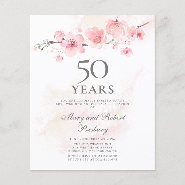 Budget 50th Anniversary Invitation Cherry Blossom (Front)