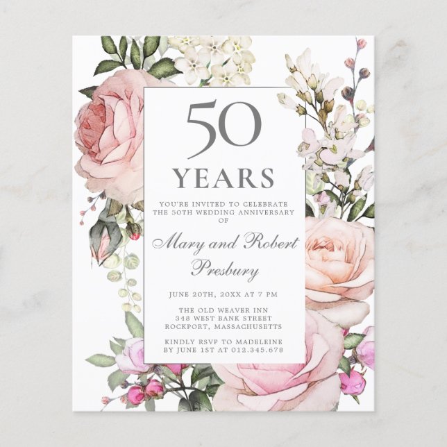 Budget 50th Anniversary Invitation Pink Floral (Front)