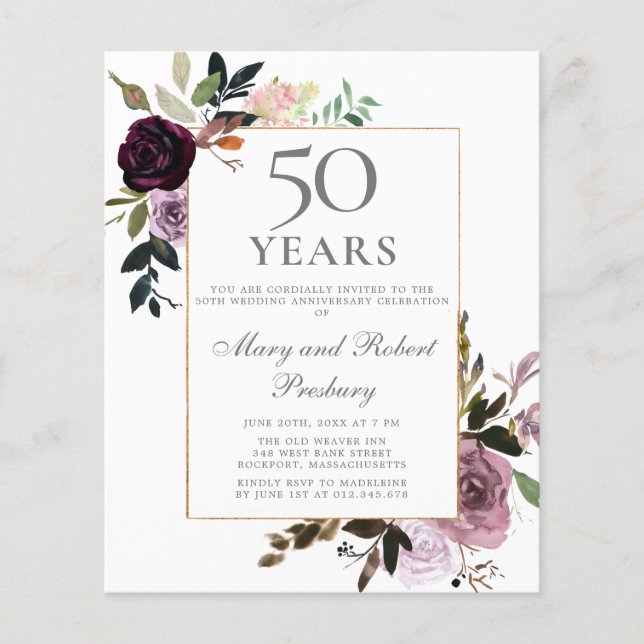 Budget 50th Anniversary Invite Purple Pink Floral (Front)