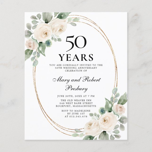 Budget 50th Anniversary Party White Floral Invite (Front)