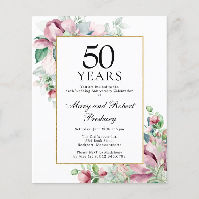 Budget 50th Anniversary Pink Floral Invitation (Front)