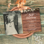 Budget 50th Anniversary Rustic Photo Invitation<br><div class="desc">A budget 50th wedding anniversary invitation featuring string lights and delicate golden love hearts confetti on a rustic wood background. Personalise with your favourite wedding photo and your special 50th golden wedding anniversary celebration details in chic typography. Designed by Thisisnotme©</div>