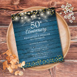 Budget 50th Anniversary Rustic String Light Invite<br><div class="desc">Featuring string lights and delicate golden love hearts confetti on a rustic wood background. Personalise with your special fifty years golden anniversary information in chic lettering. Designed by Thisisnotme©</div>