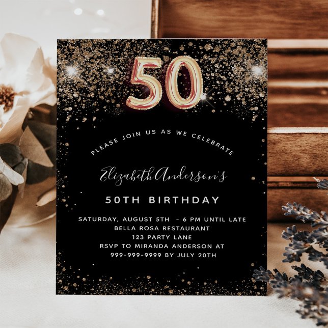 Budget 50th birthday black gold glitter invitation (Creator Uploaded)
